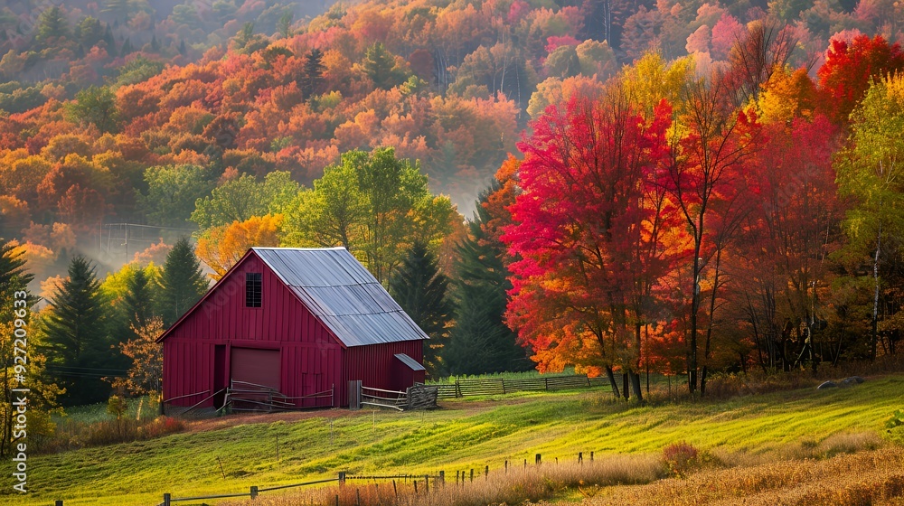 A red barn sits in a field, surrounded by vibrant autumn foliage. The colors are rich and saturated, creating a picturesque scene. A red barn sits in a field, surrounded by vibrant autumn foliage. The colors are rich and saturated, creating a picturesque scene.