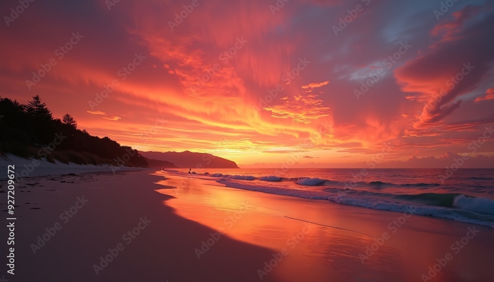 Stunning Sunset Over Calm Ocean with Vibrant Red and Orange Sky Reflecting on Serene Beach Shoreline - Tranquil Nature Scene Captured at Golden Hour Stunning Sunset Over Calm Ocean with Vibrant Red and Orange Sky Reflecting on Serene Beach Shoreline - Tranquil Nature Scene Captured at Golden Hour