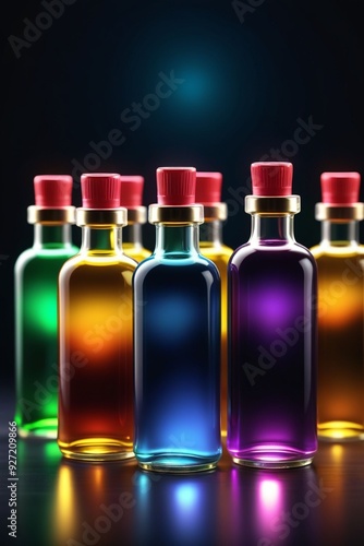 Many glowing colorful oils in bottles, vertical composition