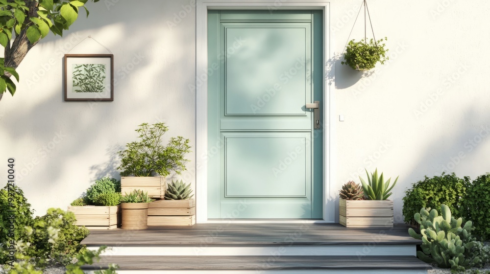 Inviting Entryway: Aesthetic Front Door of an Off-White House with Green Accents and Lush Succulents Inviting Entryway: Aesthetic Front Door of an Off-White House with Green Accents and Lush Succulents