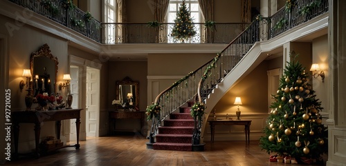 Christmas at the manor, grand entrance hall with staircase and Christmas tree, English countryside decoration and interior decor