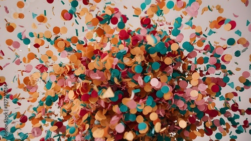 A joyful explosion of colored confetti, swirling and dancing through the air. 