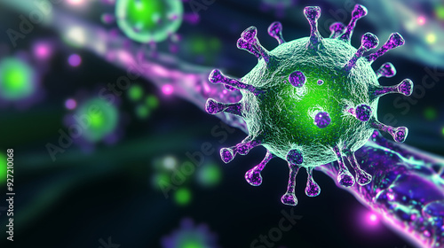 Strang mit neon-grünen Viren unter dem Mikroskop, Makroaufnahme vor dunklem Hintergrund, Querformat