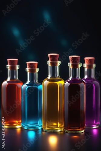 Many glowing colorful oils in bottles, vertical composition