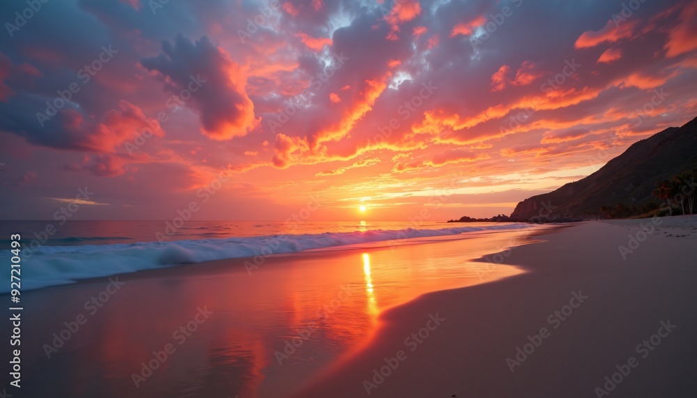 Stunning Sunset Over Calm Ocean with Vibrant Red and Orange Sky Reflecting on Serene Beach Shoreline - Tranquil Nature Scene Captured at Golden Hour Stunning Sunset Over Calm Ocean with Vibrant Red and Orange Sky Reflecting on Serene Beach Shoreline - Tranquil Nature Scene Captured at Golden Hour