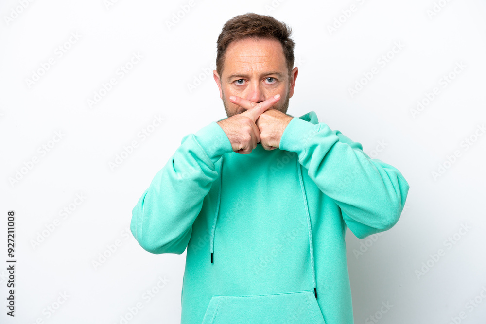 Middle age caucasian man isolated on white background showing a sign of silence gesture Middle age caucasian man isolated on white background showing a sign of silence gesture