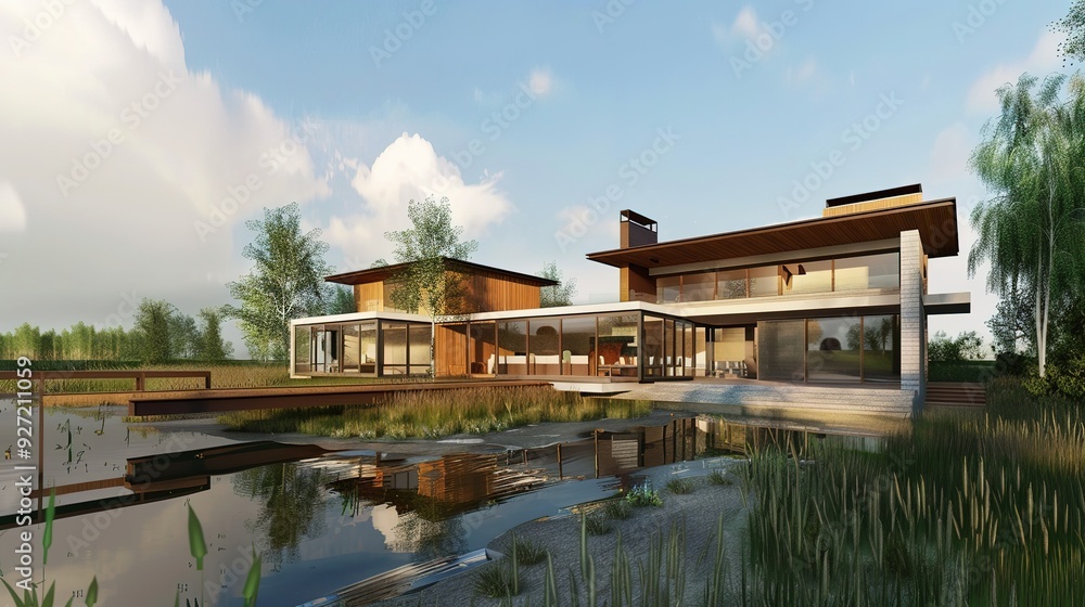 Fototapeta premium Modern house with a pond and large windows.