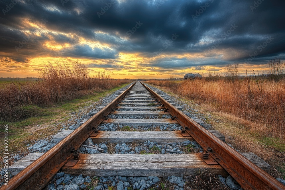 Obraz premium Railroad tracks lead to horizon under cloudy sunset. Great for illustrating concepts of journey, travel, or destination.