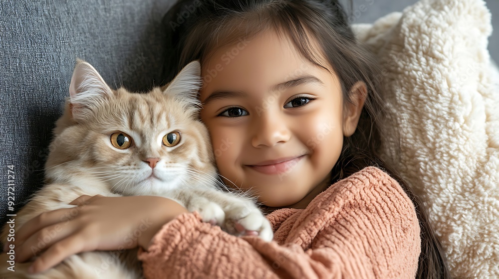 A smiling young girl of Asian descent cuddles with her fluffy ginger cat, showcasing a warm and loving bond in a cozy, inviting setting.