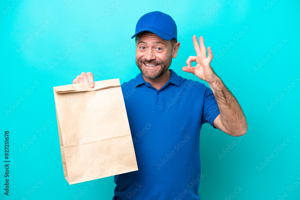 Middle age man taking a bag of takeaway food isolated on blue background showing ok sign with fingers Middle age man taking a bag of takeaway food isolated on blue background showing ok sign with fingers