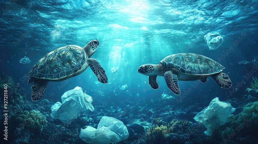 Two sea turtles swim in the ocean. This photo shows the negative impact of plastic pollution on marine life. Two sea turtles swim in the ocean. This photo shows the negative impact of plastic pollution on marine life.