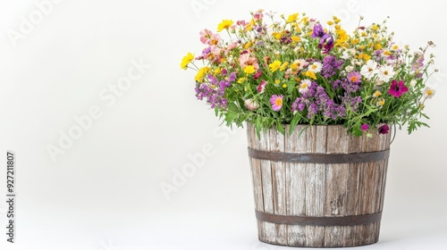 A rustic wooden bucket filled with vibrant wildflowers against a plain background.