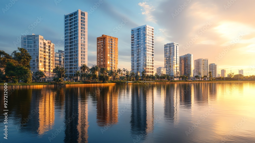 Fototapeta premium Waterfront development with modern buildings reflecting in the calm water, capturing the essence of tranquil urban life Aesthetic Urban Waterfront, Reflective cityscape