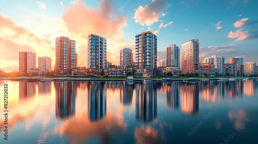 Fototapeta premium Waterfront development with modern buildings reflecting in the calm water, capturing the essence of tranquil urban life Aesthetic Urban Waterfront, Reflective cityscape