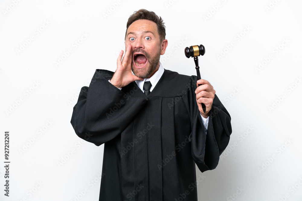 Middle age judge man isolated on white background with surprise and shocked facial expression