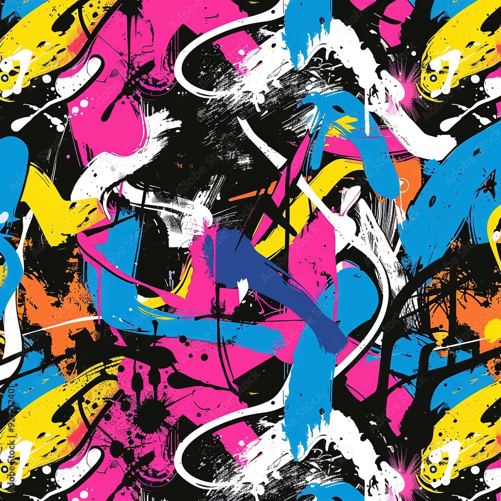 Abstract colorful pattern with dynamic brush strokes and splashes on a black background. Abstract colorful pattern with dynamic brush strokes and splashes on a black background.