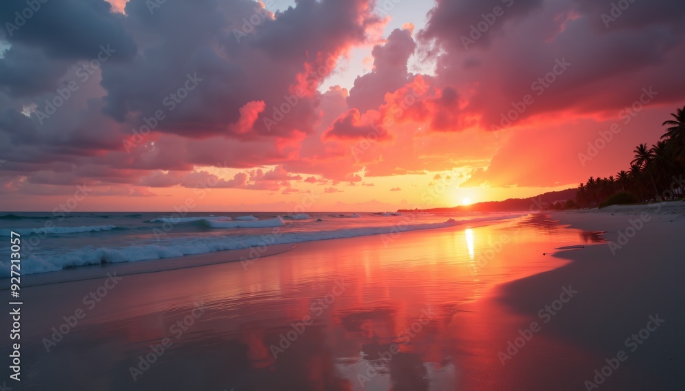 Stunning Sunset Over Calm Ocean with Vibrant Red and Orange Sky Reflecting on Serene Beach Shoreline - Tranquil Nature Scene Captured at Golden Hour Stunning Sunset Over Calm Ocean with Vibrant Red and Orange Sky Reflecting on Serene Beach Shoreline - Tranquil Nature Scene Captured at Golden Hour