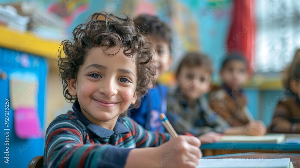 Portrait of Arabic Boy Student Smiling in Classroom Portrait of Arabic Boy Student Smiling in Classroom