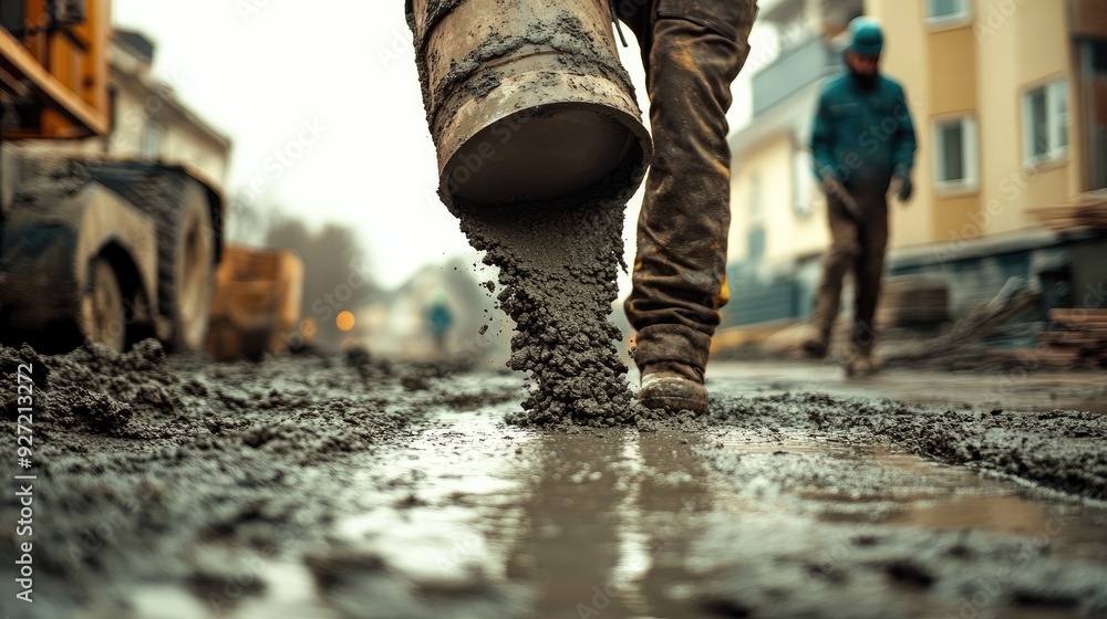 Construction worker pouring wet concrete. This image shows the process of pouring concrete for a construction project. Construction worker pouring wet concrete. This image shows the process of pouring concrete for a construction project.