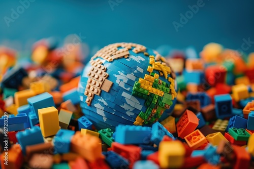 A colorful globe made of building blocks surrounded by various plastic blocks.
