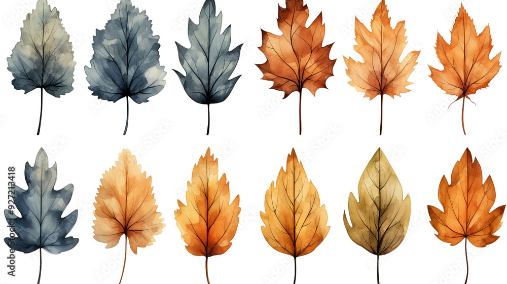 Obraz premium Watercolor autumn leaves isolated on transparent background.