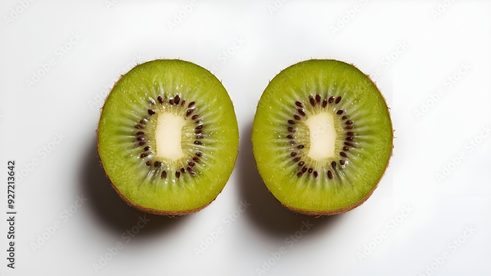 A kiwi fruit cut in half, revealing its vibrant and juicy insides and displayed on a pure white background.