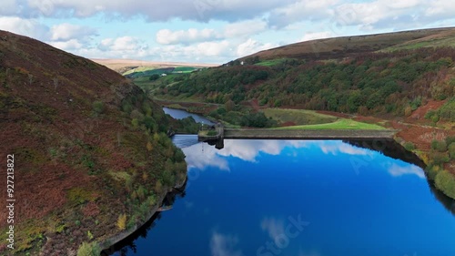 Aerial drone video of the beautiful English countryside, Wild landscape showing moorlands covered in heather, large lakes and blue water. photo