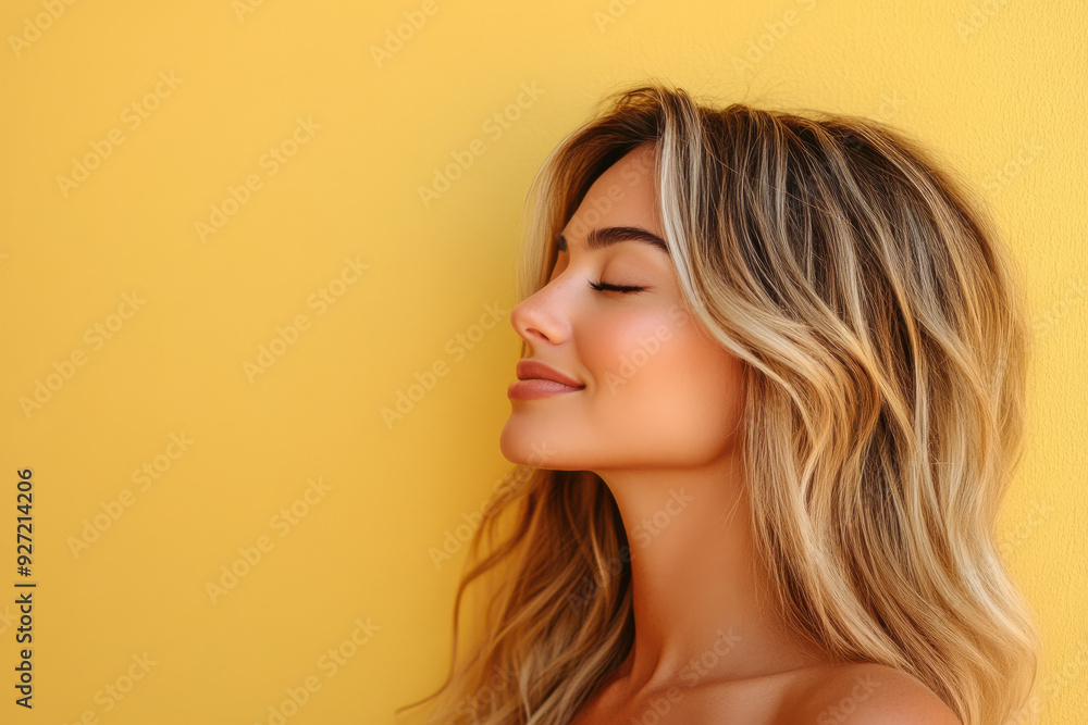A close up of a woman's face with her eyes closed and long blond hair A close up of a woman's face with her eyes closed and long blond hair