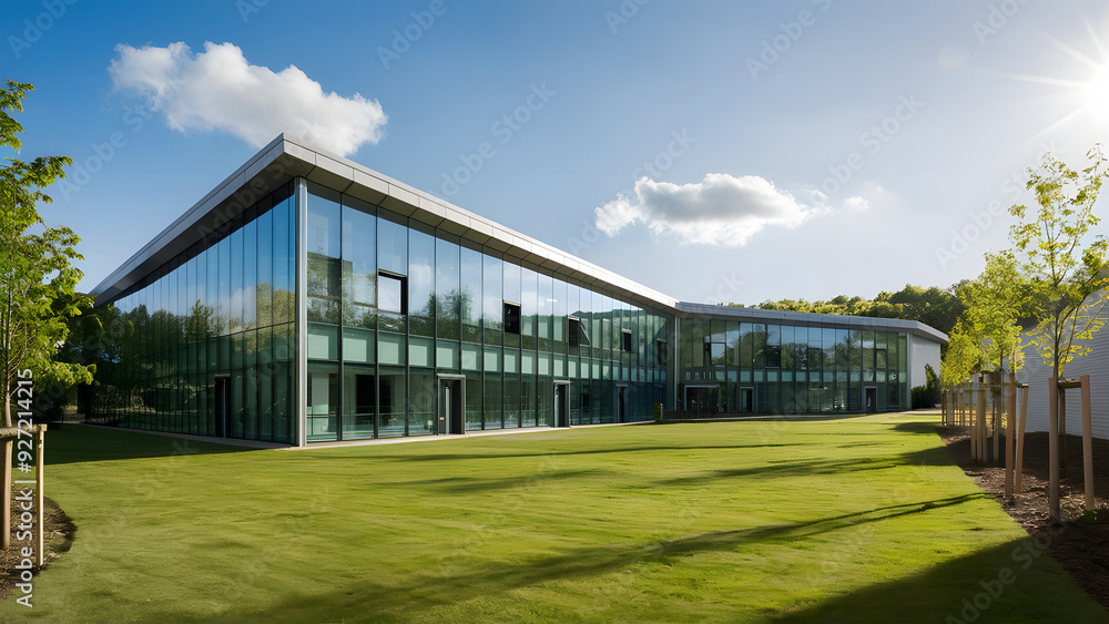 Modern School Building with Glass Facade on a Lush Green Lawn Modern School Building with Glass Facade on a Lush Green Lawn