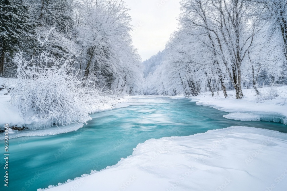 winter photo of river flows through the forest winter photo of river flows through the forest