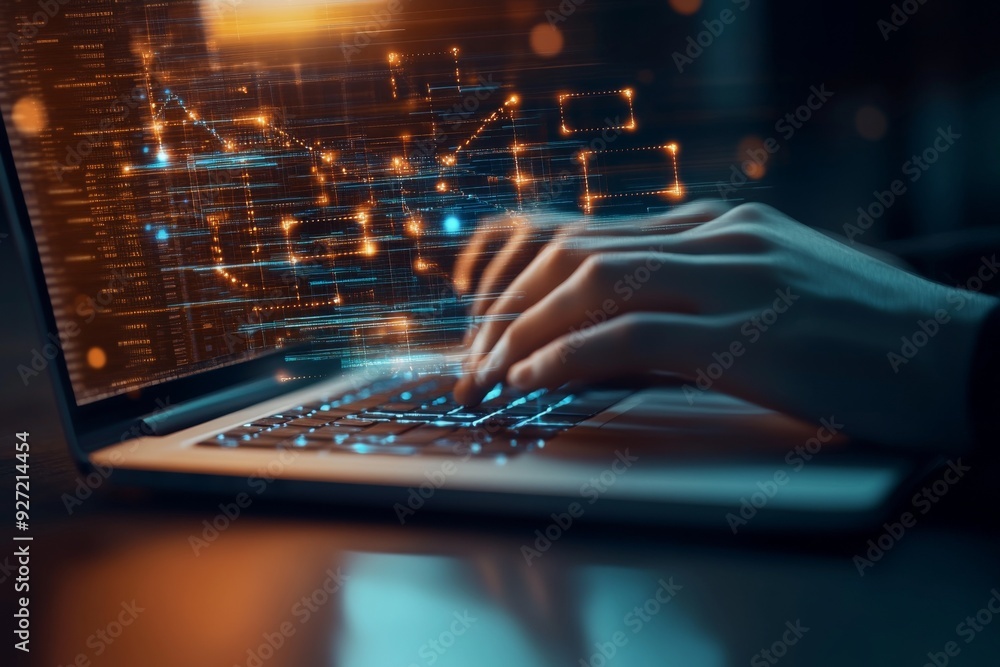 Close-up of hands typing on a laptop with glowing data flowing from the keyboard to the screen, illustrating a futuristic business concept. Close-up of hands typing on a laptop with glowing data flowing from the keyboard to the screen, illustrating a futuristic business concept.