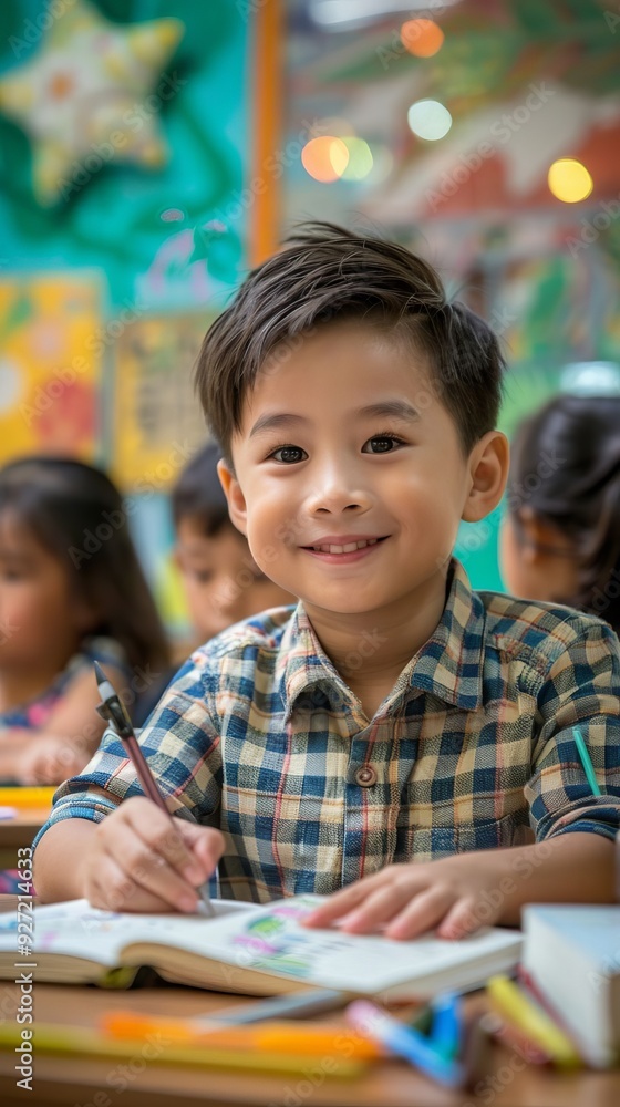 Portrait of Asian Boy Student Smiling in Classroom Portrait of Asian Boy Student Smiling in Classroom