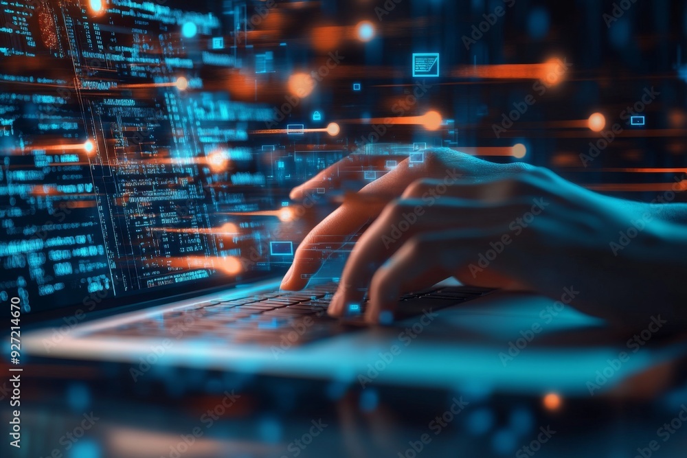 Close-up of hands typing on a laptop with glowing data flowing from the keyboard to the screen, illustrating a futuristic business concept. Close-up of hands typing on a laptop with glowing data flowing from the keyboard to the screen, illustrating a futuristic business concept.