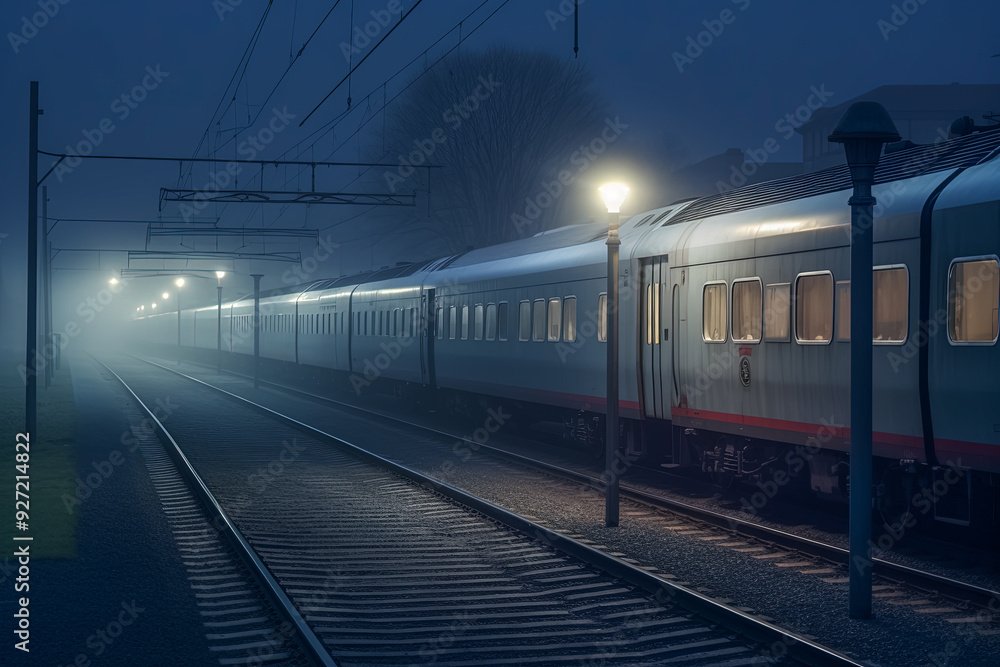 Beleuchteter Zug hält an einem Bahnhof bei Nacht und Nebel, Generative AI