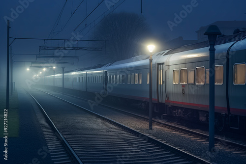 Obraz na płótnie Beleuchteter Zug hält an einem Bahnhof bei Nacht und Nebel, Generative AI w salonie