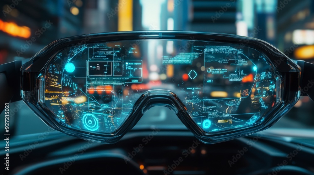 Futuristic HUD Goggles on a Dashboard Displaying City Lights. Futuristic HUD Goggles on a Dashboard Displaying City Lights.