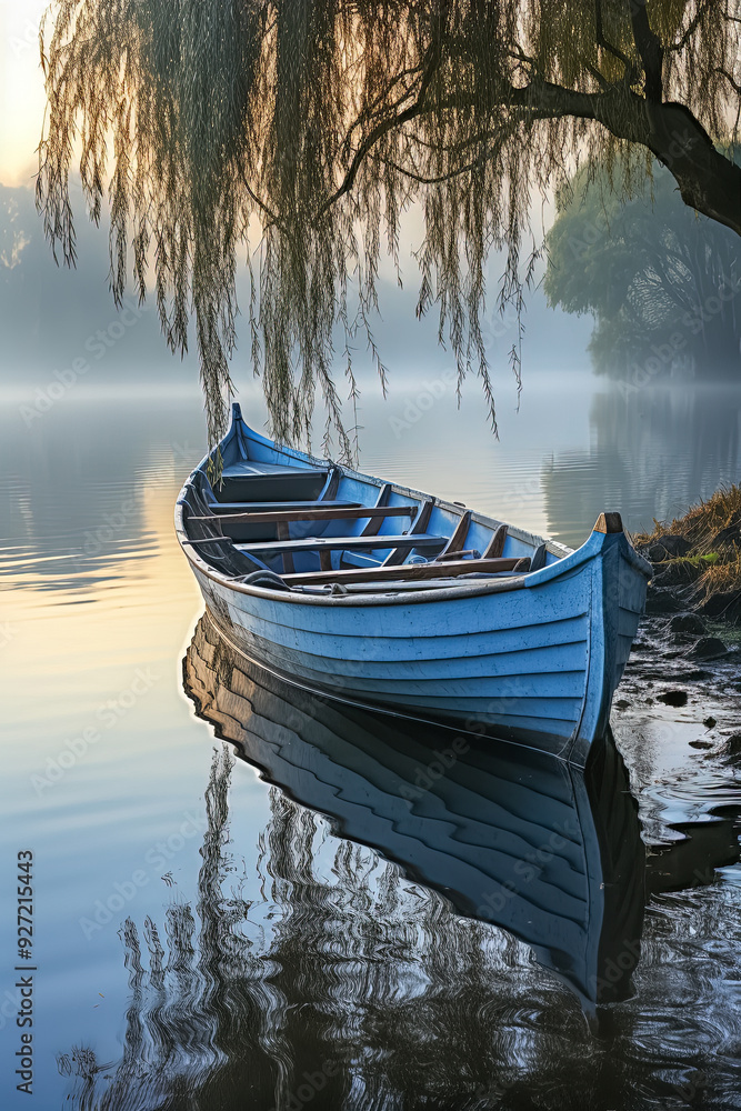 Altes Ruderboot mit einem Baum am Ufer eines mystischen Sees, Generative AI