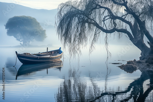 Altes Ruderboot mit einem Baum am Ufer eines mystischen Sees, Generative AI photo