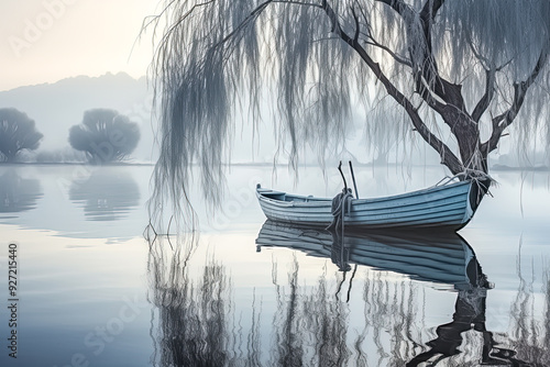 Altes Ruderboot mit einem Baum am Ufer eines mystischen Sees, Generative AI photo