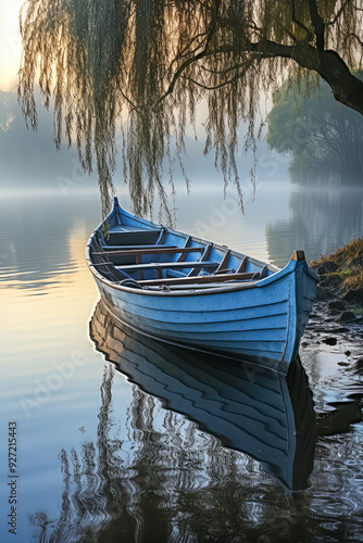 Altes Ruderboot mit einem Baum am Ufer eines mystischen Sees, Generative AI photo