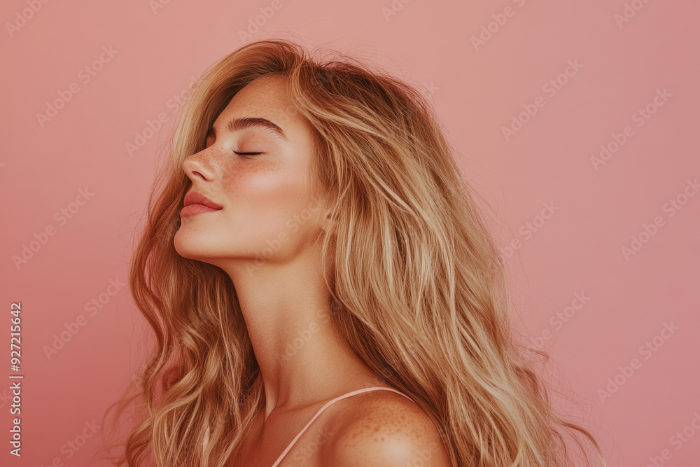 A close up of a woman's face with her eyes closed and long blond hair A close up of a woman's face with her eyes closed and long blond hair