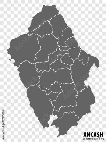 Blank map Department Ancash of Peru. High quality map Department  of Ancash with districts on transparent background for your web site design, logo, app, UI.  Republic of Peru.  EPS10.