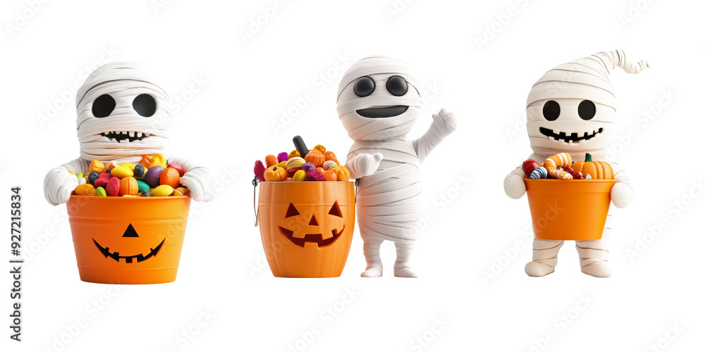 A mummy holding a pumpkin bucket full of candies, smiling playfully, combining two Halloween icons on a pure white background A mummy holding a pumpkin bucket full of candies, smiling playfully, combining two Halloween icons on a pure white background