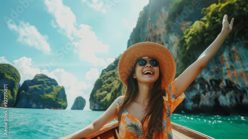 A young woman beams with excitement as she sits at a laptop, hands raised in victory, announcing a triumph while surrounded by a plethora of vibrant houseplants.