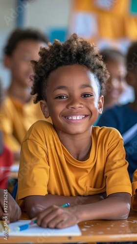 Portrait of Black Boy Student Smiling in Classroom