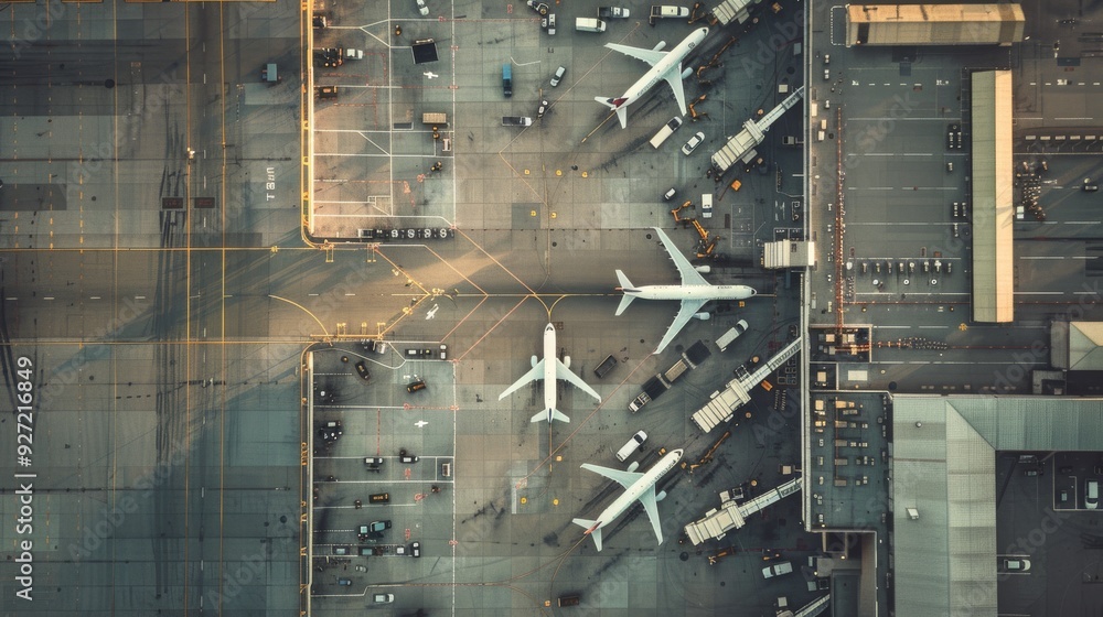 A bustling airport seen from above with airplanes positioned at various gates, capturing the organized chaos and high-energy environment. A bustling airport seen from above with airplanes positioned at various gates, capturing the organized chaos and high-energy environment.