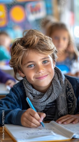 Portrait of Caucasian Boy Student Smiling in Classroom