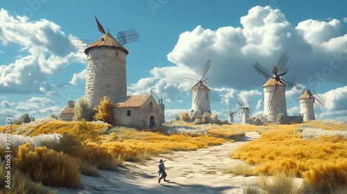 A 3D Rendered Scene of the Legendary Knight Don Quixote Tilting at Windmills Believing Them to Be Giants
