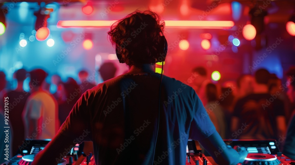 A DJ commands the dance floor, his silhouette bathed in vibrant neon lights as he mixes tracks, electrifying the crowd with high-energy beats. A DJ commands the dance floor, his silhouette bathed in vibrant neon lights as he mixes tracks, electrifying the crowd with high-energy beats.