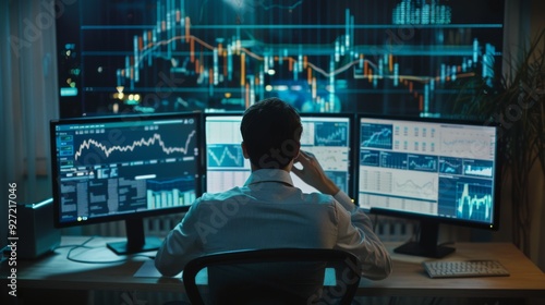 A man in a white shirt analyzes financial data on multiple monitors in a high-tech office, surrounded by complex graphs and stock market trends.